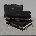 Black Hard Shell Weapon Cases Stacked With Red Labels And Yellow Bullets Around 3d model