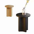 Light and Dark Wooden Side Tables with Round Tops Cylindrical Base and Clear Bottle