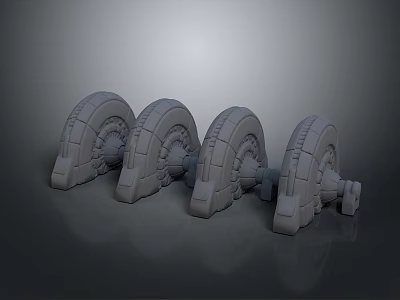 Four Gray Automotive Parts Complex Structured Wheel Hub Components Arranged Together 3d model