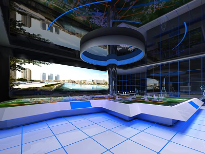 Modern Exhibition Space Interior With Glass Windows And City Skyline View 3d model