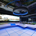 Modern Exhibition Space Interior With Glass Windows And City Skyline View