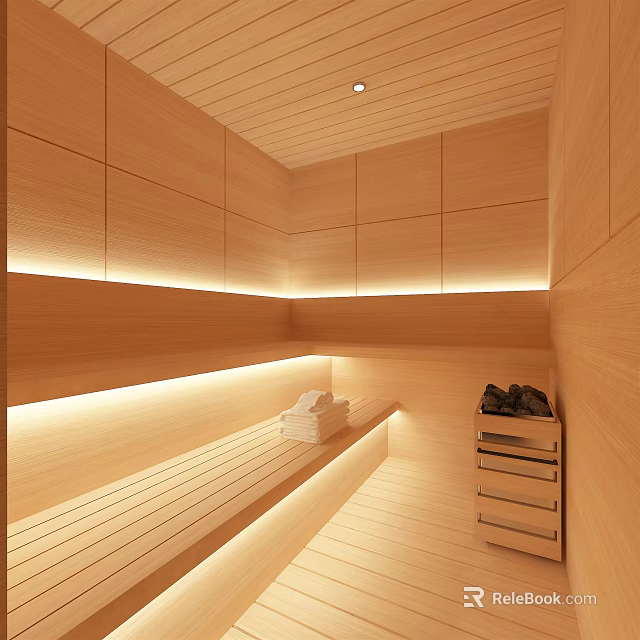 Modern Wooden Shower Sauna Interior Design With Bench Storage Cabinet And Lighting 3d model 
