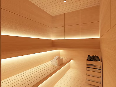 Modern Wooden Shower Sauna Interior Design With Bench Storage Cabinet And Lighting 3d model