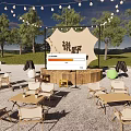 Outdoor Camping Campsite With String Lights Tables Chairs Stage And Trees 3d model
