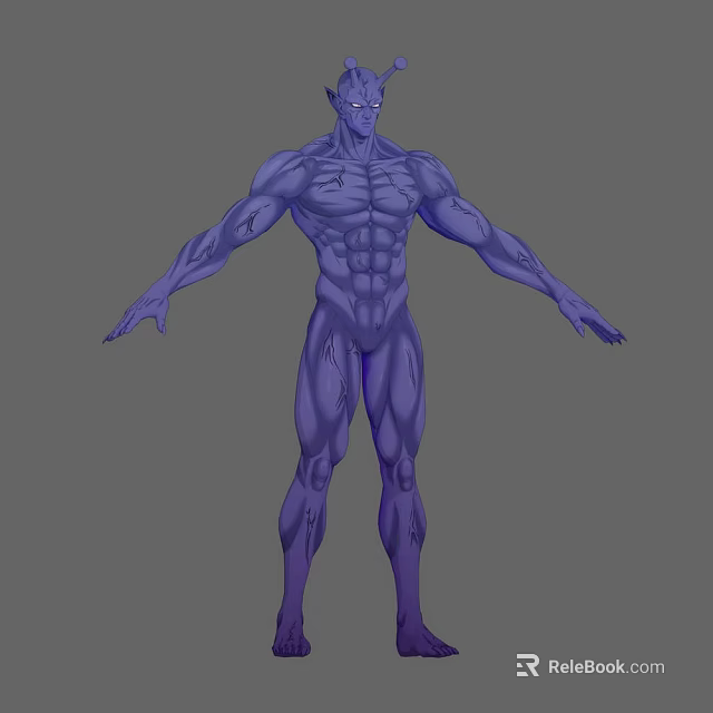 Blue Muscular Game and Movie Character With Body Markings Standing Pose Arms Outstretched 3d model 