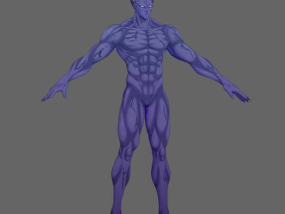 Blue Muscular Game and Movie Character With Body Markings Standing Pose Arms Outstretched 3d model