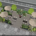 Outdoor Restaurant Terrace With Wooden Deck Green Plants Umbrellas Seating And Ambient Lighting