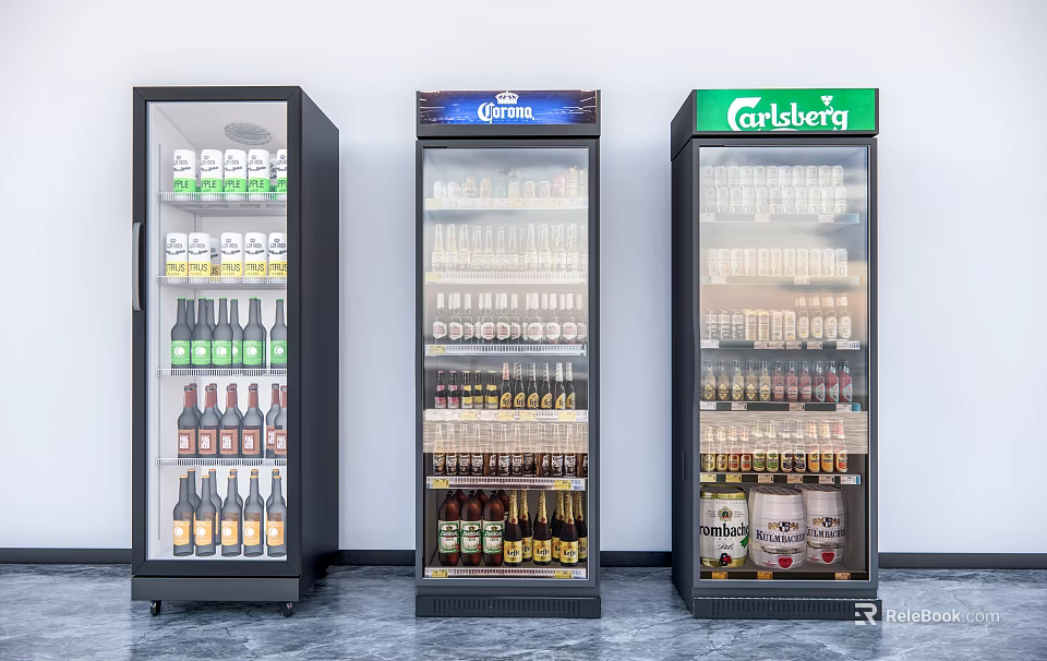 Beverage Display Refrigerators Stocked With Bottled Drinks Including Corona And Carlsberg Products 3d model 
