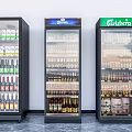 Beverage Display Refrigerators Stocked With Bottled Drinks Including Corona And Carlsberg Products