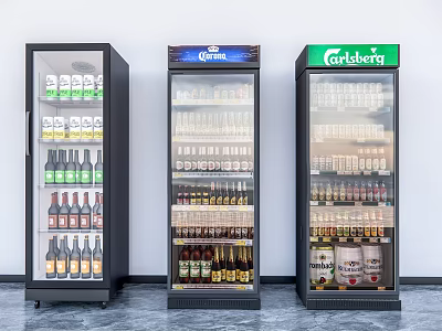 Beverage Display Refrigerators Stocked With Bottled Drinks Including Corona And Carlsberg Products 3d model