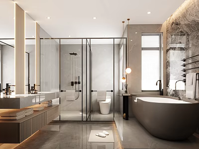Modern Elegant Bathroom Interior With Marble Walls Freestanding Bathtub Glass Shower And Double Vanity 3d model