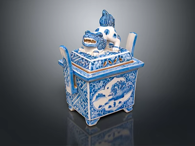 Blue and White Ceramic Sculpture with Dragon Decoration Square Structure and Detailed Carving 3d model