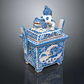 Blue and White Ceramic Sculpture with Dragon Decoration Square Structure and Detailed Carving