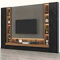 Modern TV Wall Interior Design With Decorative Shelves And Marble Panels