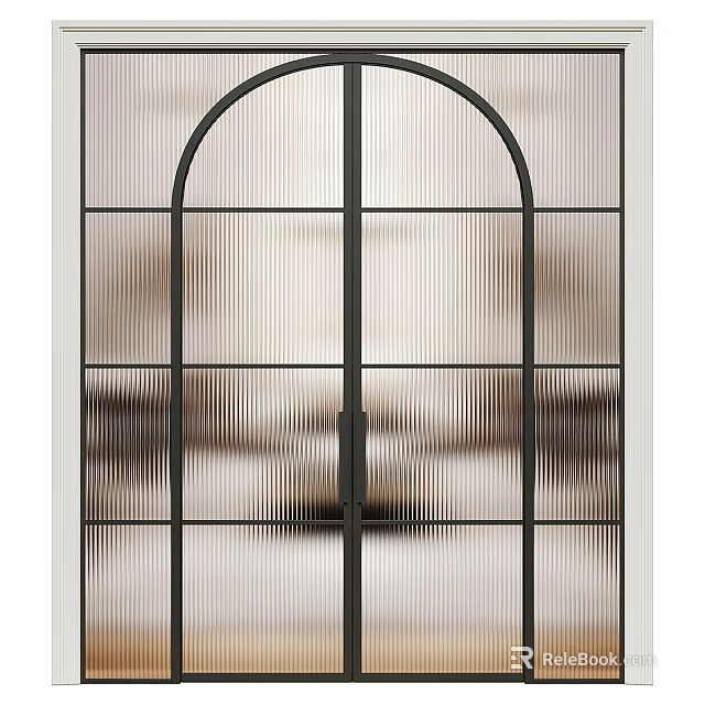 Modern Interior Double Doors With Black Metal Frame And Arched Ribbed Glass 3d model 