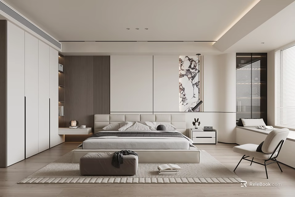 Modern Bedroom Interior Design With Bed Bedside Tables Rug Decorative Painting And Wardrobe 3d model 