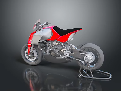 Red And Silver Modern Sport Motorcycle With Black Seat Side View Studio Setting 3d model