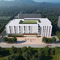 Modern Office Building Exterior With Perforated Panels Green Lawn And Entrance People