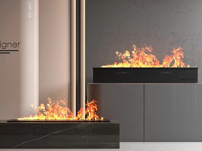 Modern Fireplace Interior With Burning Flames Designer Style And Gray Wall 3d model