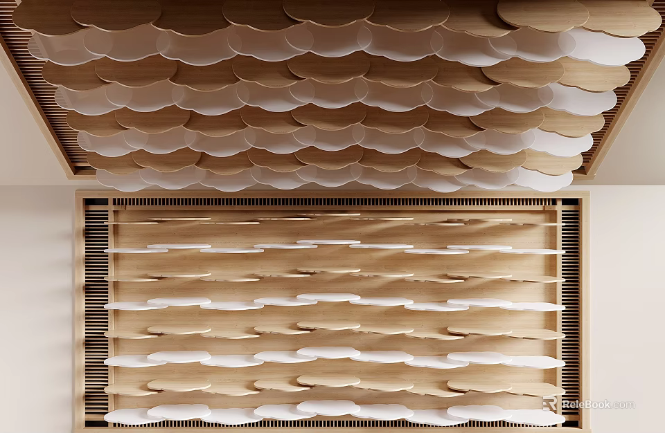 Wooden Wave Pattern Ceiling Design with Layered Tiles and Modern Decorative Structure 3d model 