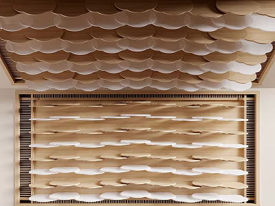 Wooden Wave Pattern Ceiling Design with Layered Tiles and Modern Decorative Structure 3d model
