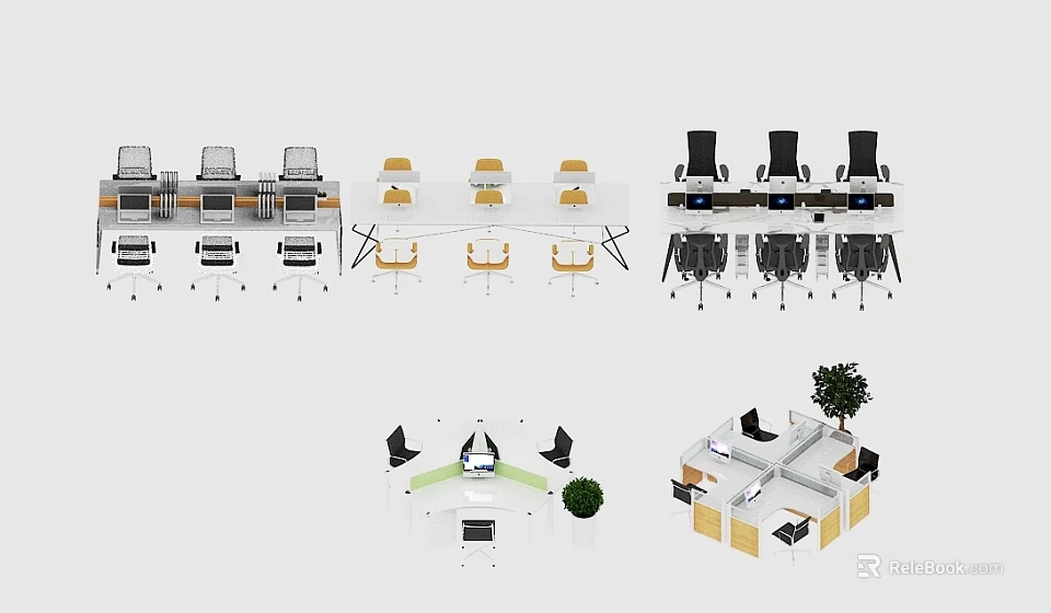 Different Office Desk Designs With Various Chairs Computers And Green Plant 3d model