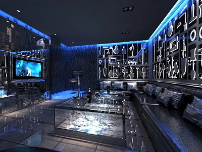 Modern KTV Interior Design With Blue Lighting Decorative Walls Sofas And Glass Coffee Tables 3d model