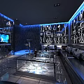 Modern KTV Interior Design With Blue Lighting Decorative Walls Sofas And Glass Coffee Tables