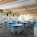 School Robotik Classroom With Bright Windows Student Desks Chairs Hanging Lights And Colorful Models