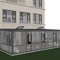 Modern Patio Garden With Glass Enclosed Pergola White Building Large Windows Lawn And Outdoor Furniture