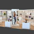 Luxury Boutique Interior With White Display Shelves Handbags Green Plants Mannequin And Wooden Flooring