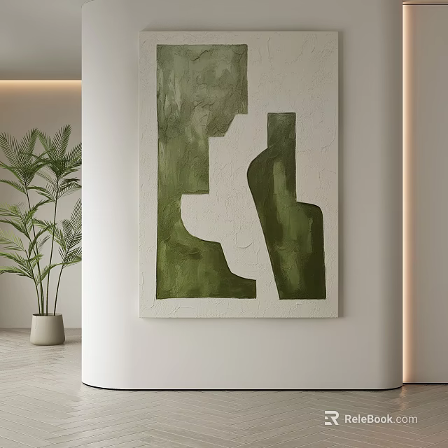 Textured Abstract Painting with Green and White Geometric Shapes in Interior with Palm Plant 3d model 