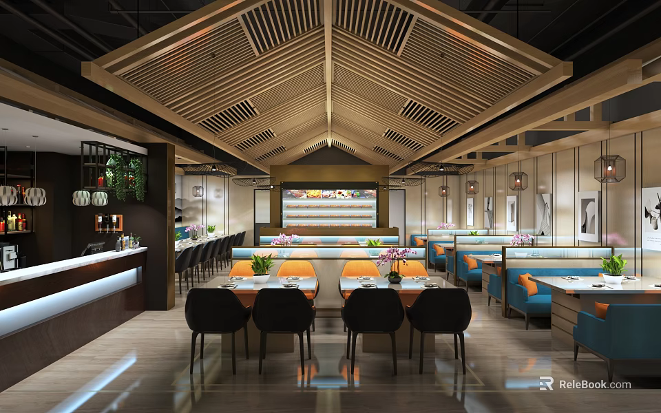 Modern Restaurant Interior With Wooden Lattice Ceiling Orange Blue Seats Bar Counter And Green Plants 3d model 