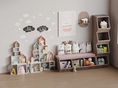 Cozy Kids Room With Cloud Wall Decals House Shaped Shelves And Rabbit Plush Toys 3d model