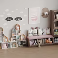 Cozy Kids Room With Cloud Wall Decals House Shaped Shelves And Rabbit Plush Toys