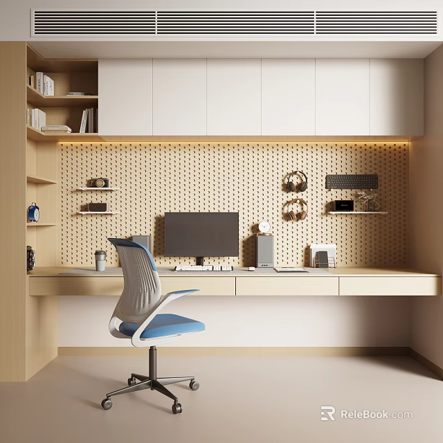 Modern Desk With White Cabinets Yellow Perforated Wall Computer Monitor And Blue Gray Chair 3d model 