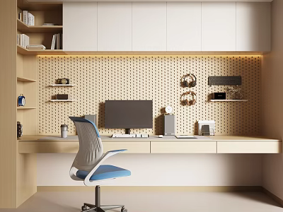 Modern Desk With White Cabinets Yellow Perforated Wall Computer Monitor And Blue Gray Chair 3d model