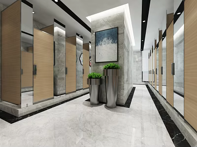 Modern Public Restroom Interior With Wooden Stalls Marble Flooring Plants Decorative Painting And Bright Lighting 3d model