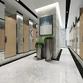 Modern Public Restroom Interior With Wooden Stalls Marble Flooring Plants Decorative Painting And Bright Lighting