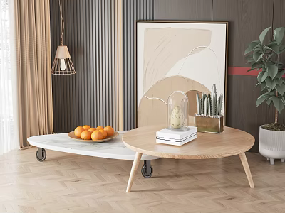 Round Wooden Coffee Table With Wheels Books Orange Tray And Small Potted Plants 3d model
