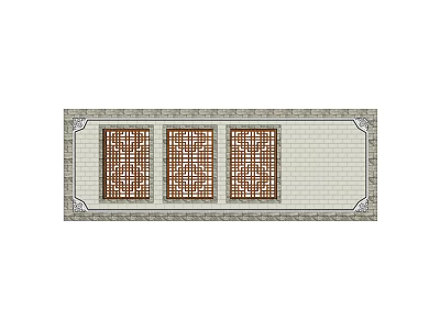 Garden Wall With Three Brown Lattice Windows Light Colored Surface And Decorative Borders 3d model