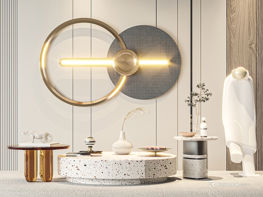 Modern Coffee Table Interior Design With Round Concrete Top Vase Plants Decor Items 3d model 