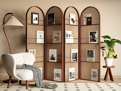 Rattan Arch Screen Displaying Artworks In Cozy Room With Armchair And Plant 3d model