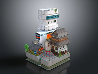 Cartoon Scene of Modern Capital Tower with Traditional Japanese Style Buildings Small Trees and Red Decorations 3d model