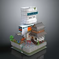 Cartoon Scene of Modern Capital Tower with Traditional Japanese Style Buildings Small Trees and Red Decorations