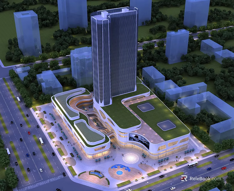 Modern Urban Commercial Street Featuring Tall Building Green Roof Plaza and Fountain Surrounded by Trees 3d model 