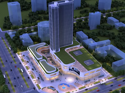 Modern Urban Commercial Street Featuring Tall Building Green Roof Plaza and Fountain Surrounded by Trees 3d model