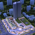 Modern Urban Commercial Street Featuring Tall Building Green Roof Plaza and Fountain Surrounded by Trees