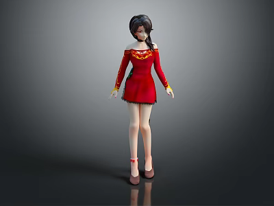Game Movie Character In Red Dress With Long Black Hair Yellow Cuffs And Red Shoes 3d model