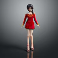 Game Movie Character In Red Dress With Long Black Hair Yellow Cuffs And Red Shoes